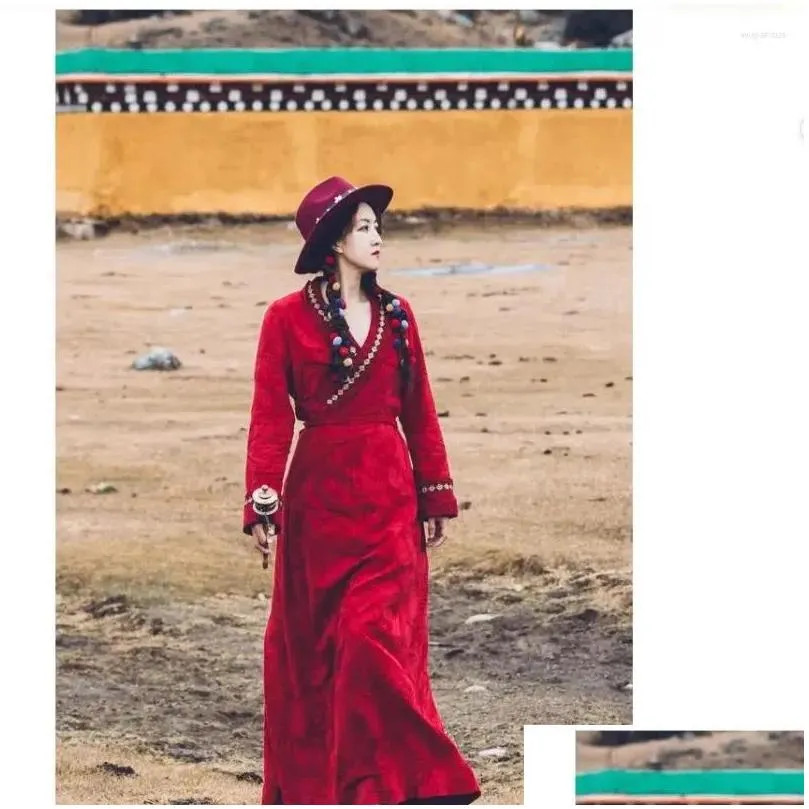 stage wear tibetan clothing bola ethnic style wine red dress v-neck 4 seasons cotton lady chinese zang person love