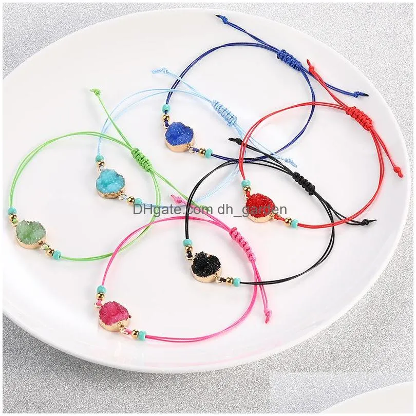 Charm Bracelets Natural Resin Stone Druzy Bead Bracelet With Make A Wish Card Red Black Blue String Braiding Bracelets For Men Women Dhzie