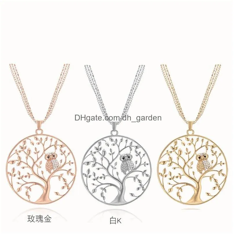 Pendant Necklaces Fashion Cute Life Of Tree Crystal Owl Pendant Necklace For Women Vintage Sier Gold Plated Mtilayer Chain L Dhgarden Dhjfl