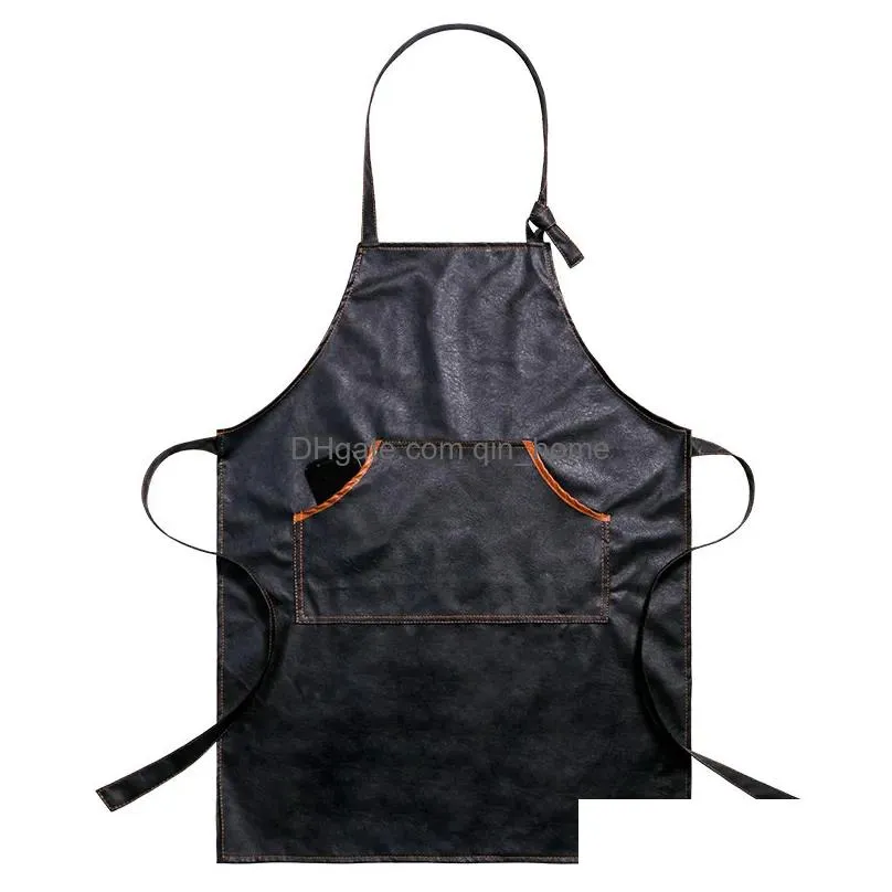 aprons pu leather waterproof cafe shop house cleaning bibs women apron for men kitchen accessories cooking baking pocket chef pinafore