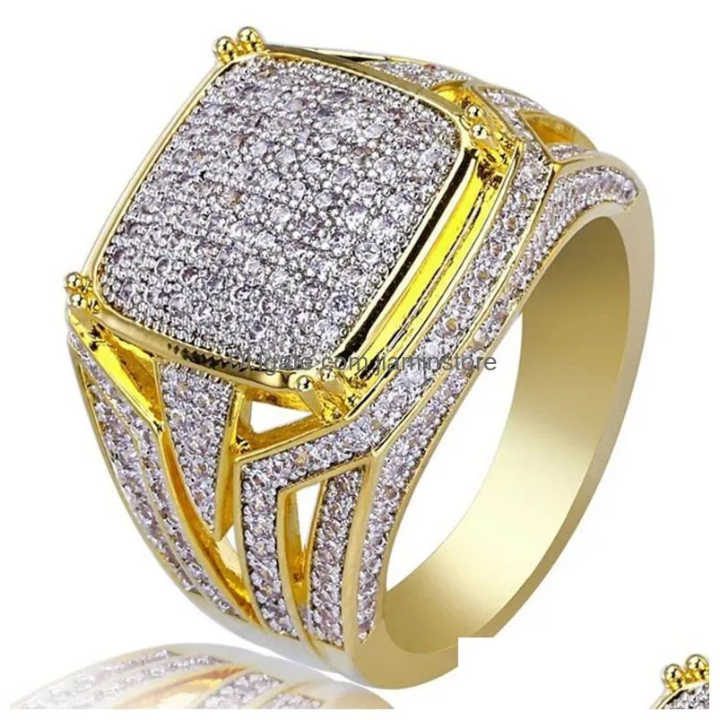 Cluster Rings 18K Gold Square Diamond Ring Champion Motorbike Hip Hop Rings For Men Fashion Jewelry Will And Drop Delivery Jewelry Ri Dhisv