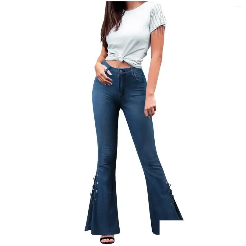 Women`S Jeans Womens Jeans Women Flared High Waist Denim Pants Vintage Stretch Streetwear Lace Up Bell Bottom Pant Elastic Trousers D Otefn