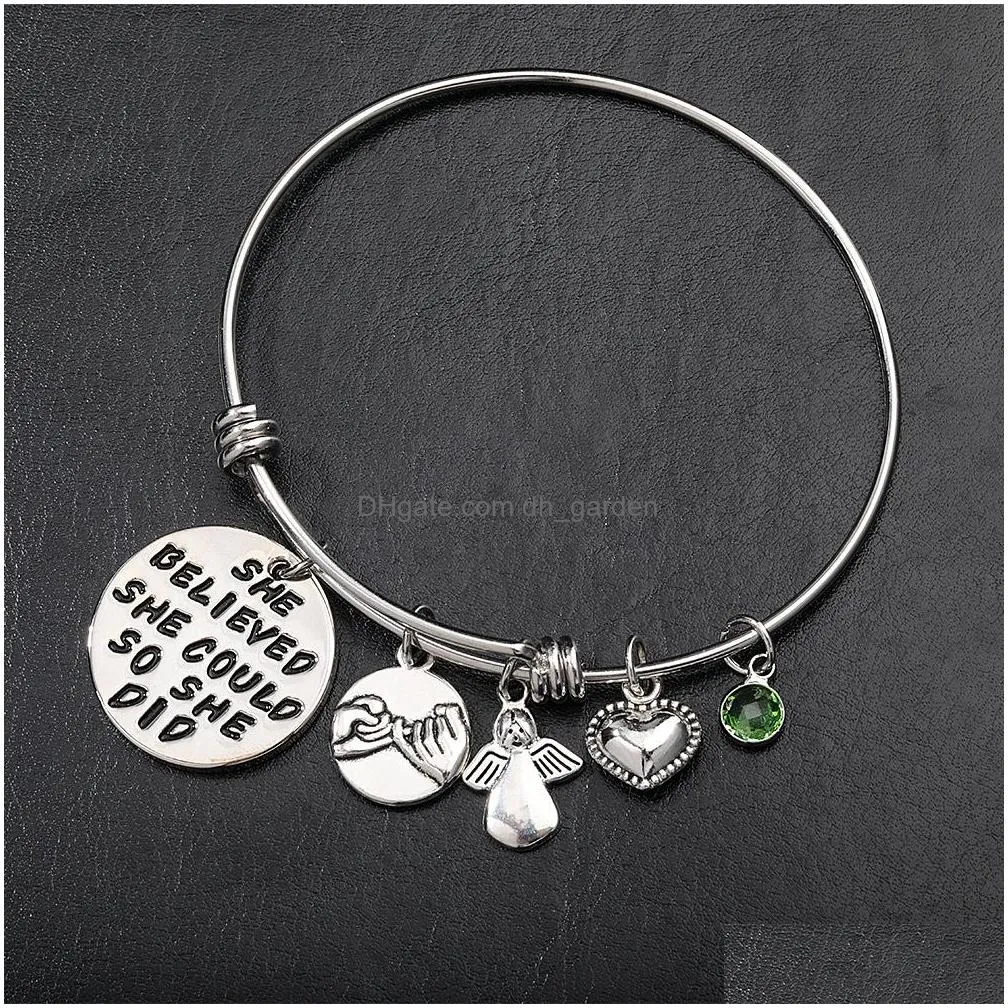 Bangle 2021 New Inspirational Birthstone Charm Bracelet Bangle For Women Angle Friendship Expandable Stainless Steel Wire D Dhgarden Dheta