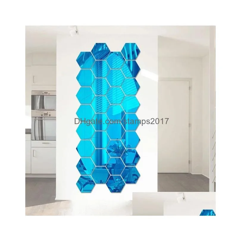 12pcs 3d regular hexagon home decorative acrylic mirror wall stickers living room bedroom poster decor rooms decoration