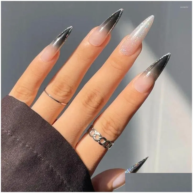 false nails 24 pcs/box long stiletto nail tips gradient black wear full cover manicure patchs press on art girls fingernails