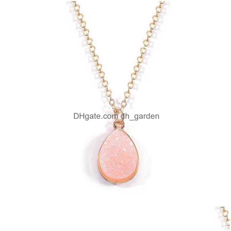 Pendant Necklaces High Quality Teardrop Resin Stone Crystal Druzy Pendant Necklace For Women Gold Plating White Pink Blue Fashion Jewe Dh75L