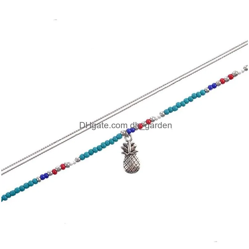 Anklets Vintage Ethnic Bohemian Beach Vacation Anklet Bracelet Blue Beaded Pineapple Charm Double Chain For Woman Man Jewelry Drop De Dhnjl