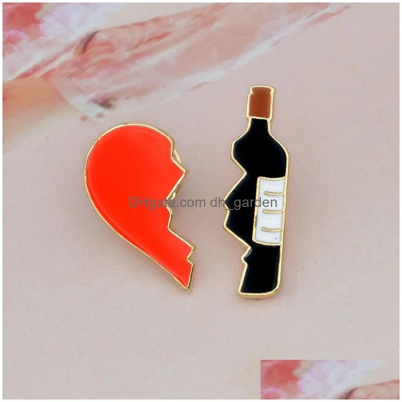 Pins, Brooches Uni 2Pcs/Set Enamel Brooch Pins Set Red Black Broken Heart Wine Bottle Denim Jacket Bag Pin Badge Fashion Acc Jewelry Dhzxr