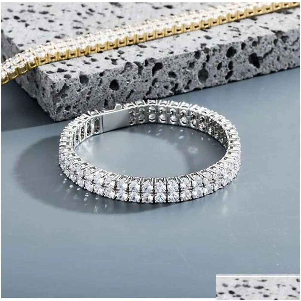 Tennis 2 Row Tennis Bracelet 4Mm Zircon Lab Diamond Hip Hop Jewelry Iced Necklace 7Inch 8Inch Length 14K Gold Sier Bangle Drop Delive Otkg6