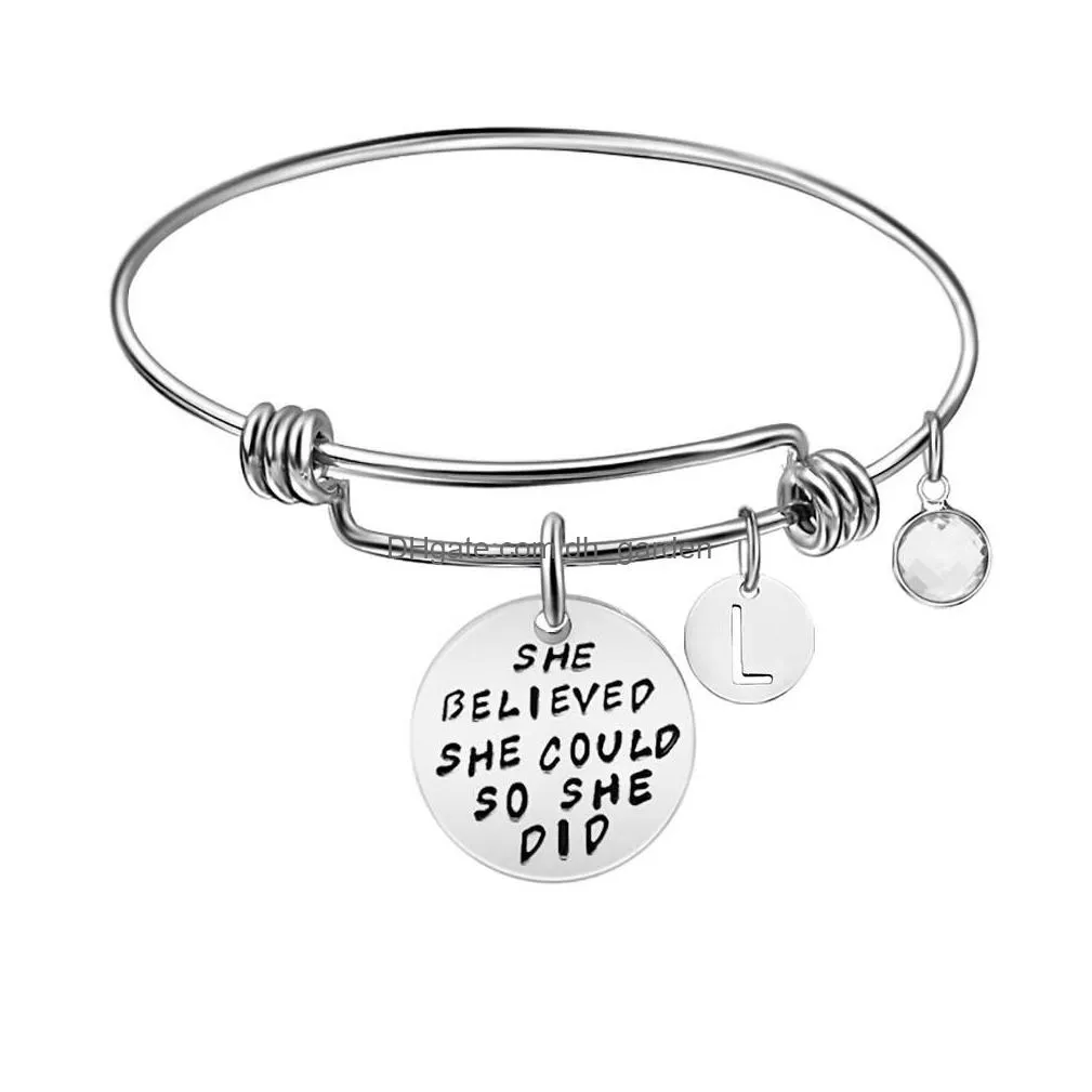 Bangle High Quality Stainless Steel Inspirational 26 Intial Letter Birthday Pendant Charm Bracelet For Women Men 60Mm Expandable Wire Dh74A