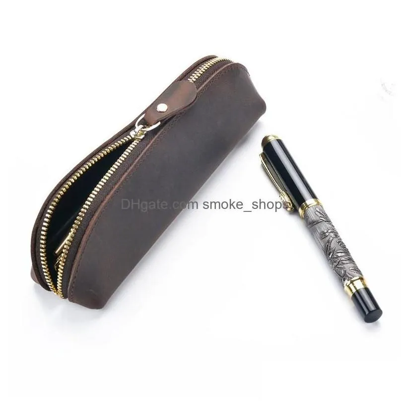 wholesale Pencil Bags Vintage Leather Case School Office Stationery Bag Cowe Fountain Pen Box Makeup Brush Pouch Holder 1Xbjk2105 Drop Deliver