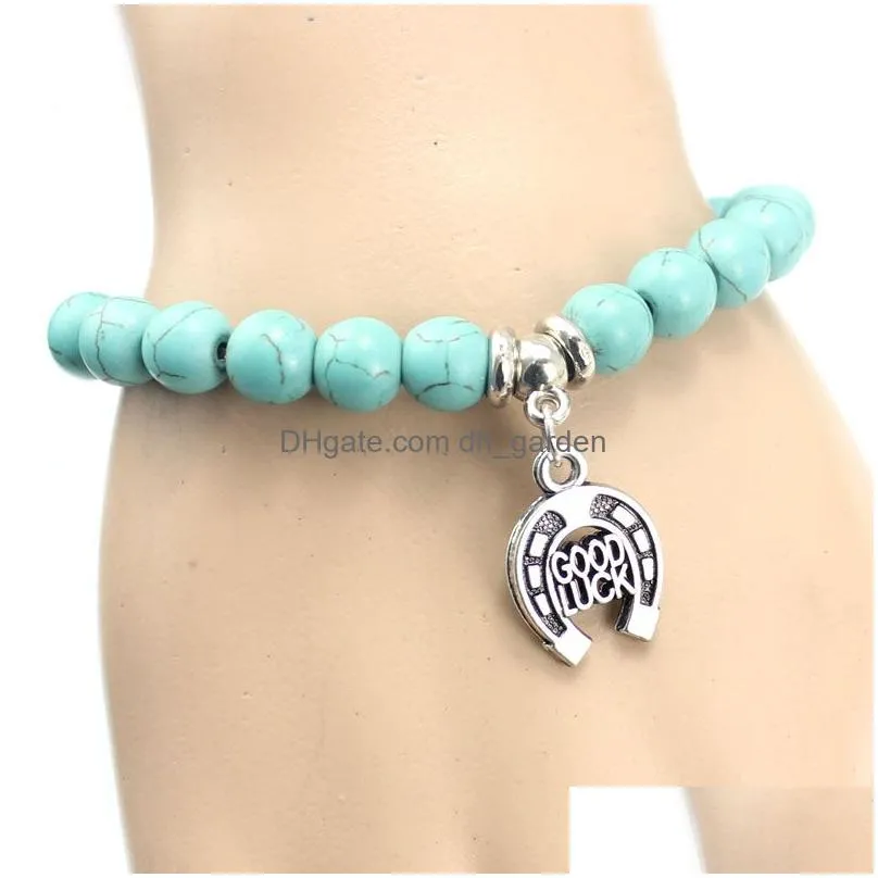 Charm Bracelets New Arrival 8Mm Turquoise Bead Hamsa Hand Charm Bracelets Turkish Ethnic Relins Jewelry Women Usa Yoga Drop Delivery Dh9Nf