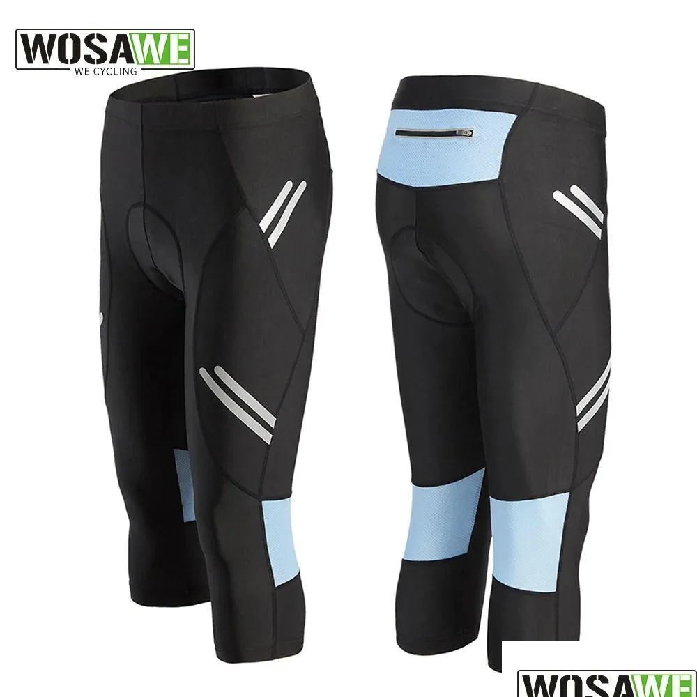 cycling pants wosawe reflective mens cycling cropped pants calf-length mountain bike tights 3d gel padded riding spinning bicycle shorts