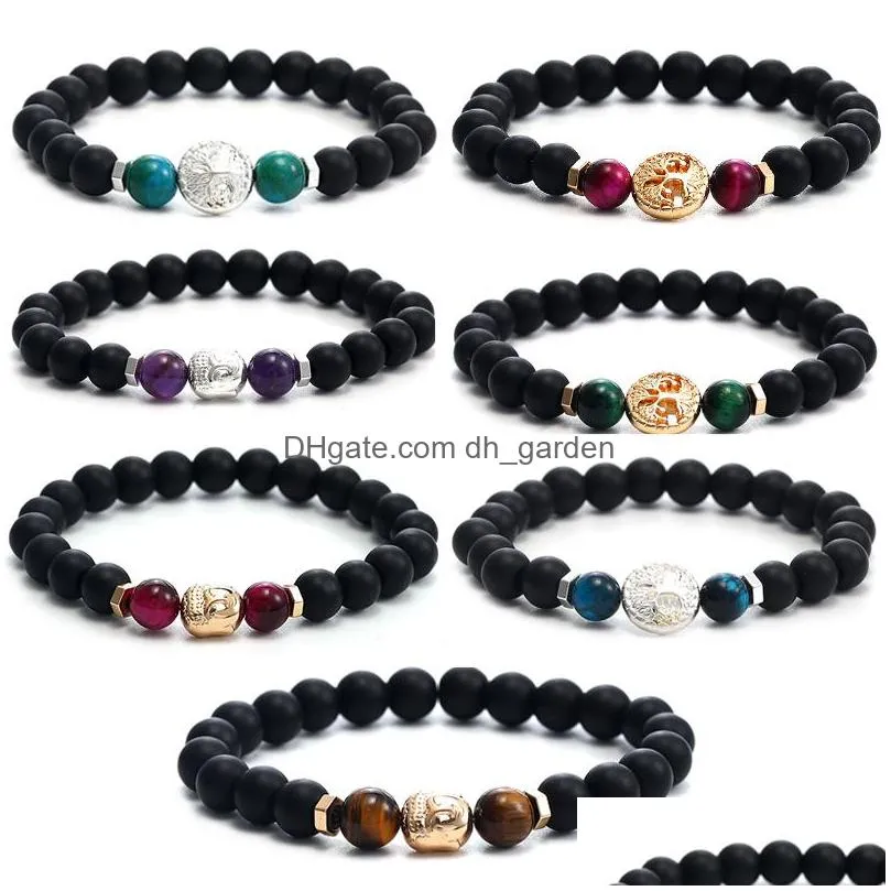 Beaded New 8Mm Black Matte Stone Buddha Life Of Tree Charm Beads Bracelet For Men Handmade Elastic Tiger Eye Amethyst Jewel Dhgarden Dht6T