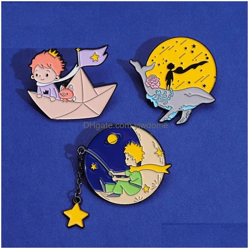 Cartoon Accessories Prince Fox Enamel Pins Custom Moon Star Paper Boat Whale Brooches Lapel Badges Cartoon Jewelry Gift For Kids Frien Dhek6