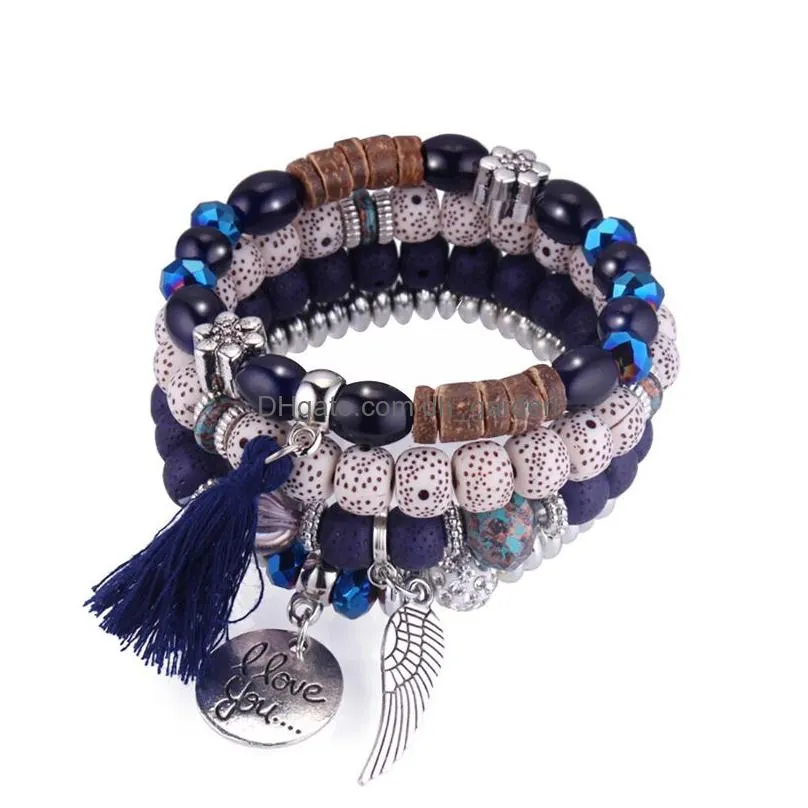 Beaded New Boho Angel Wings Feather Mtilayer Delicate Beads Bracelet For Women Elastic Love You Charm Pendant Fashion Jewelry Gift Dr Dhyos