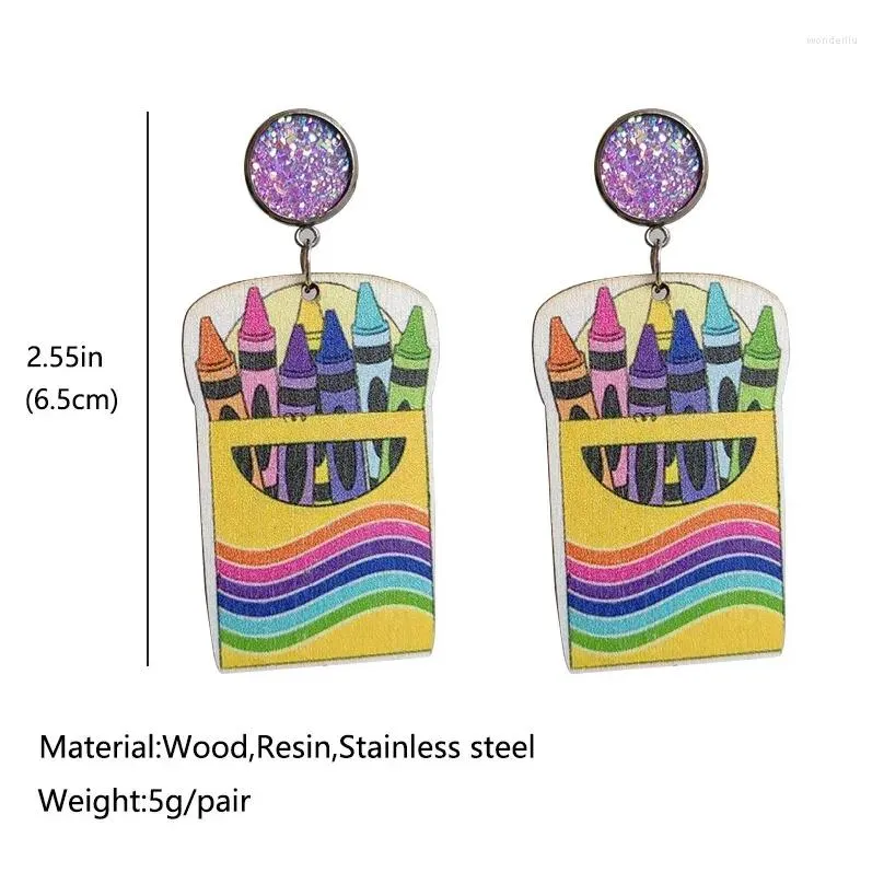 dangle earrings cute teacher student reading color pen wood purple shiny stainless steel bottom support needle