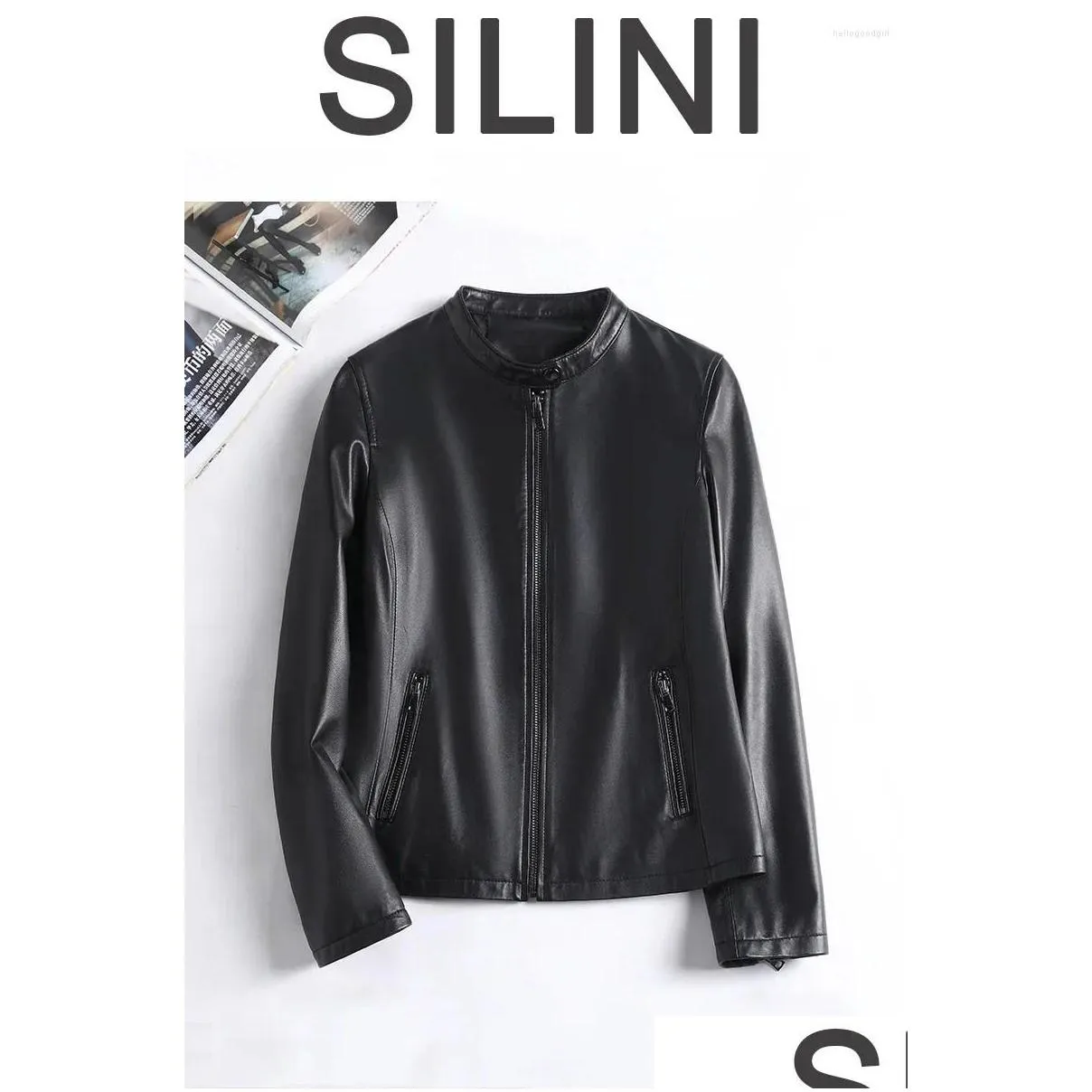 women`s leather 2024 spring autumn genuine jacket soft sheepskin coat female stand collar motocycle short slim pure