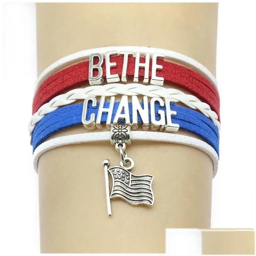 Charm Bracelets 10Pc/Lot Infinity Love Bethe Change Trump Flag Charms Bracelets Bangles Leather Braid Wrap Bracelet Men Women Fashion