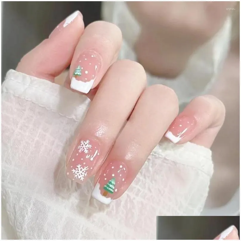 false nails 24pcs christmas fake square head french nail press on rhinestone waterproof faux fingernails