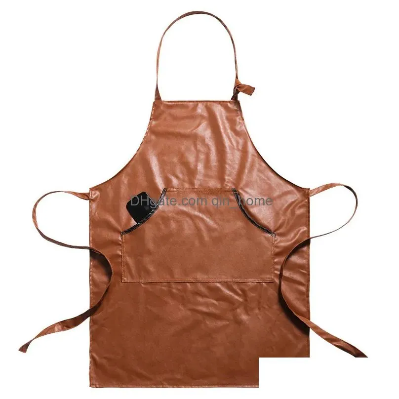 aprons pu leather waterproof cafe shop house cleaning bibs women apron for men kitchen accessories cooking baking pocket chef pinafore