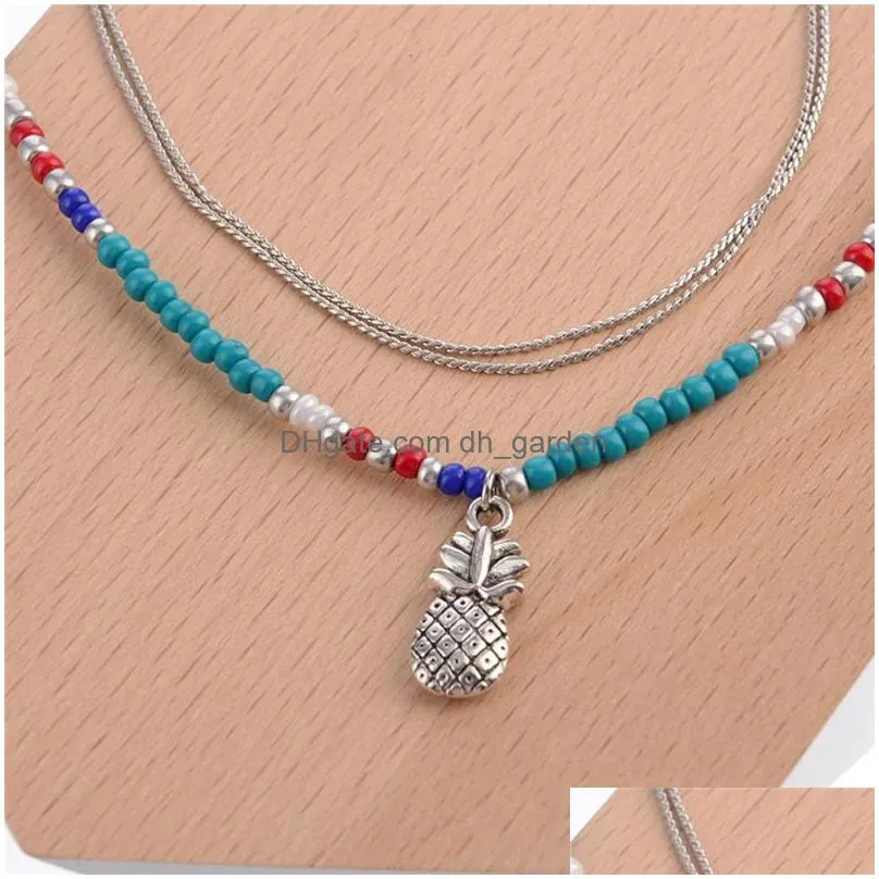 Anklets Vintage Ethnic Bohemian Beach Vacation Anklet Bracelet Blue Beaded Pineapple Charm Double Chain For Woman Man Jewelry Drop De Dhnjl