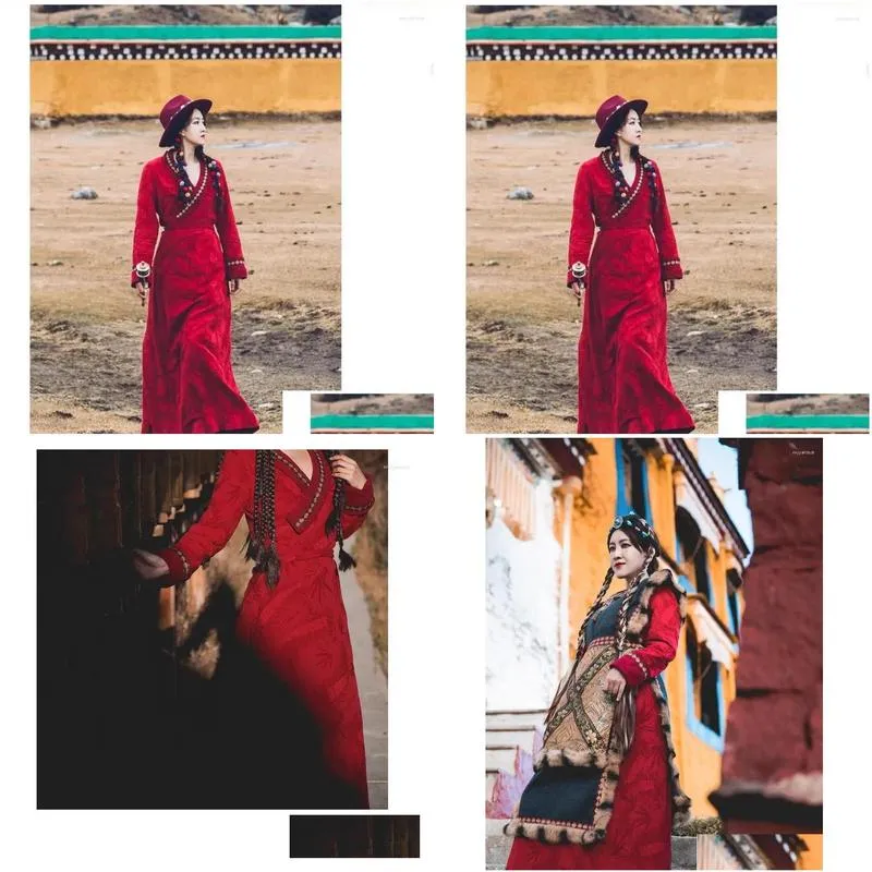 stage wear tibetan clothing bola ethnic style wine red dress v-neck 4 seasons cotton lady chinese zang person love