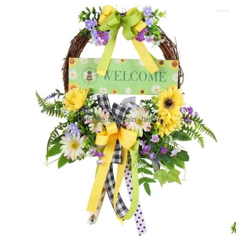 decorative flowers yellow flower wreath for front door with welcome sign spring wall window farmhouse porch decoration seasonal decor