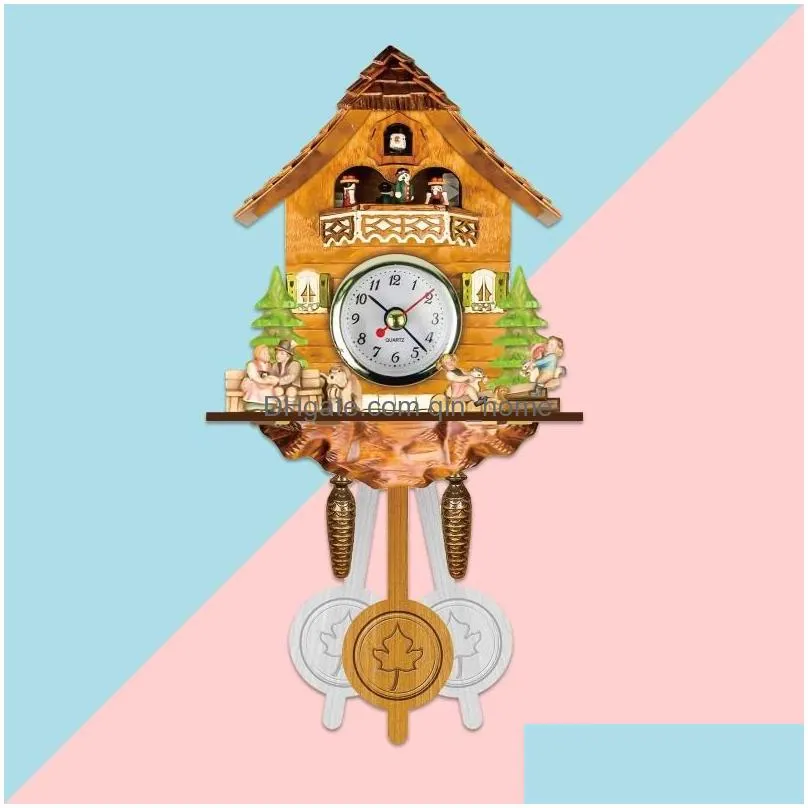 wall clocks creative retro cuckoo clock wooden handmade hanging bird call time bell watch timekeeping