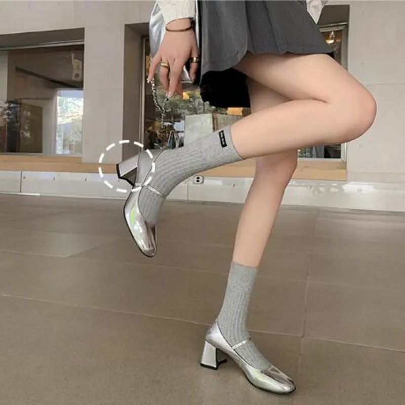 New Style White Black Silver Mary Jane Shoes for Women Fashion Genuine Leather Lady Party Dress Shoes