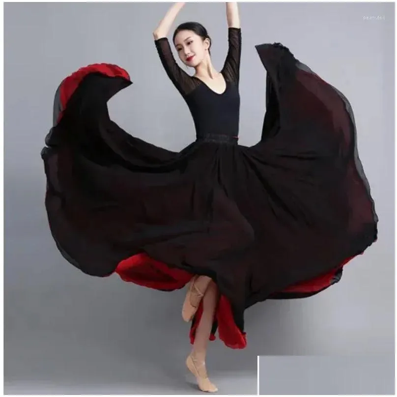stage wear flamenco chiffon dance skirt for women 720 degrees solid color long skirts dancer practice chinese style with big hem