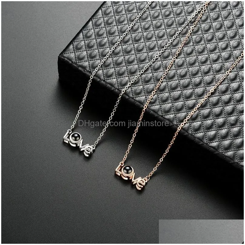 Pendant Necklaces 100 Languages I Love You Pendant Necklaces Copper Chains Letter Projection Necklace Women Wedding Valentines Day Mem Dh2Ft