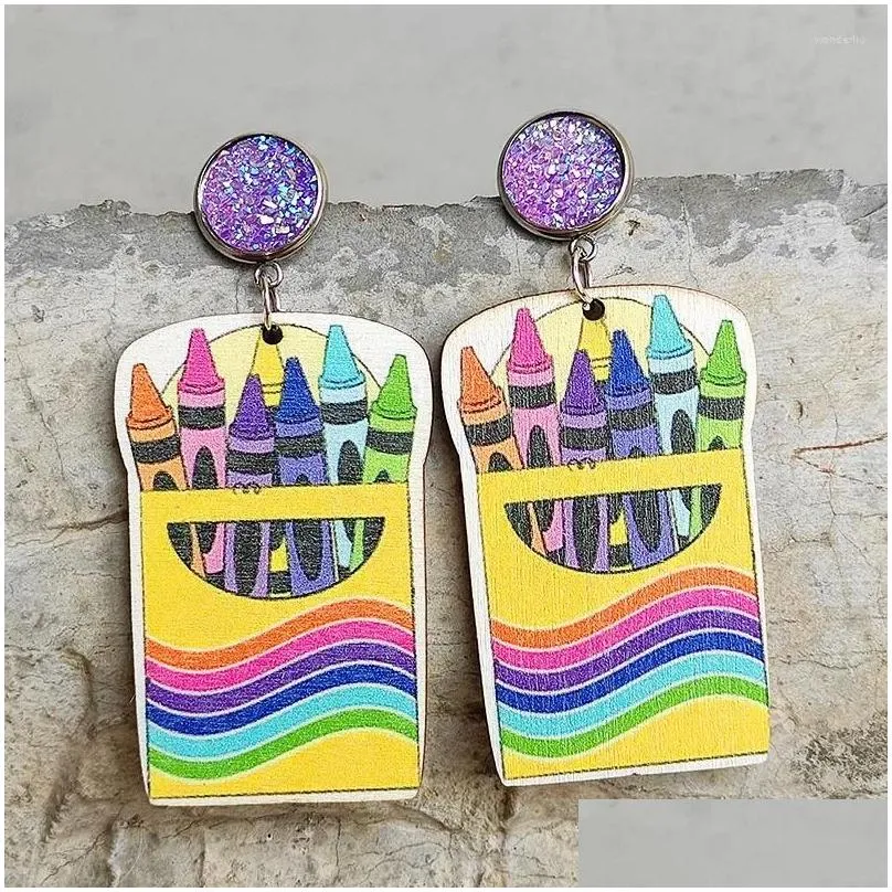 dangle earrings cute teacher student reading color pen wood purple shiny stainless steel bottom support needle