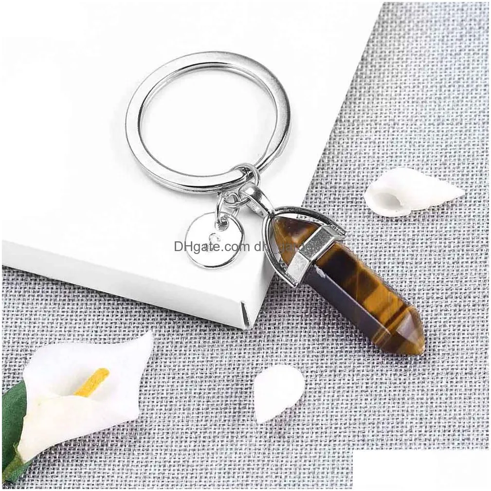 Key Rings Nature Stone Pendant Keyring For Women Men 26 Initial Letter Keychain Healing Crystal Keyholder Fashion Jewelry Drop Delive Dhphh