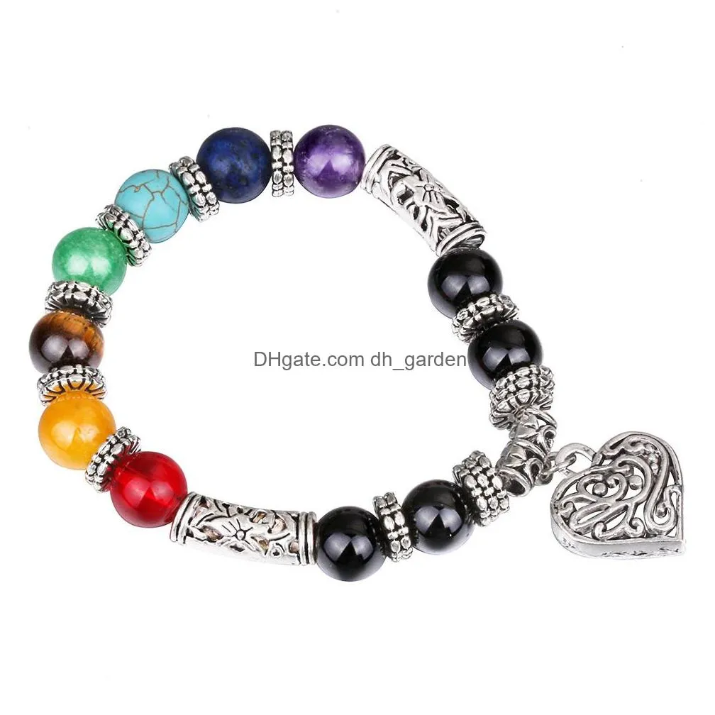 Beaded New Arrival 10Mm Heart Charm Beads Bracelet For Women Men Handmade 7 Chakra Healing Ncing Yoga Bracelets Retro Jewelry Drop De Dhudk