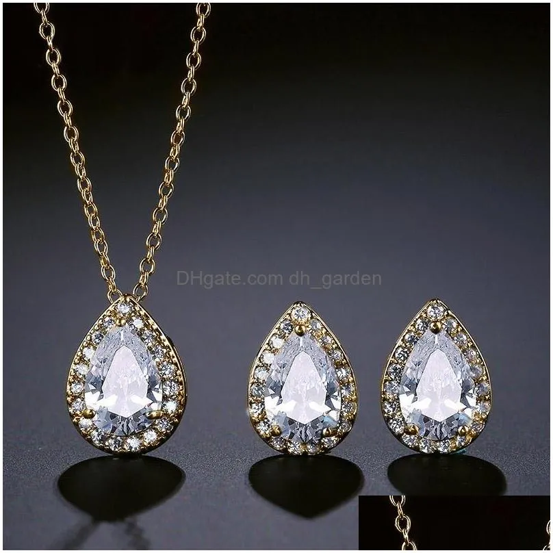 Pendant Necklaces Newest Teardrop 3A Cubic Zirconia Earrings Pendant Necklace Jewelry Set For Women 925 Standard Sterling Si Dhgarden Dhqnu