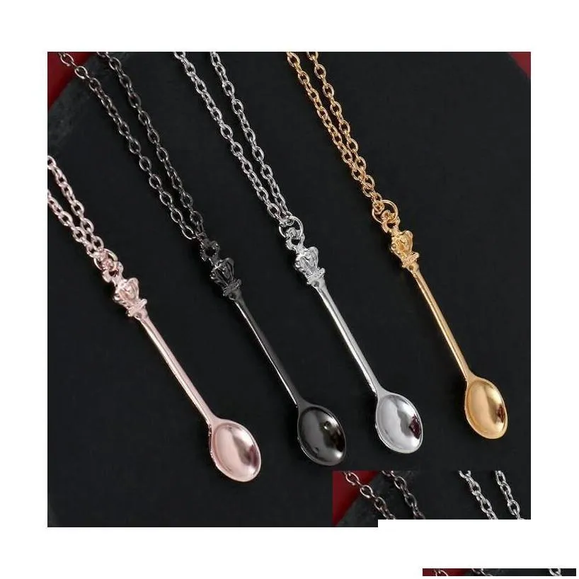 Crown Mini Teapot Necklace Spoon Pendant Necklaces Jewelry Gold Sier Black Colors For Men Women Gift Drop Delivery Otpbc