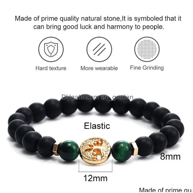 Beaded New 8Mm Black Matte Stone Buddha Life Of Tree Charm Beads Bracelet For Men Handmade Elastic Tiger Eye Amethyst Jewel Dhgarden Dht6T