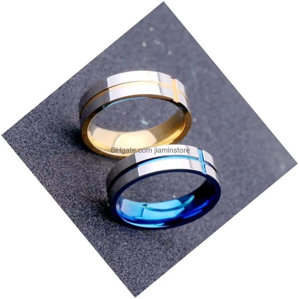 Band Rings Contrast Color Cross Stainless Steel Couple Ring Band Blue Gold Glossy Rings For Women Men Fashion Jewelry Will And Sandy Dh5Rx