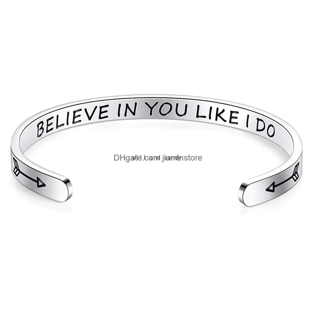 Bangle Letter Believe In You Like Bangle Cuff C-Shape Stainless Steel Bracelets Open Wristband For Women Men Fashion Jewelry Will And Dha9I