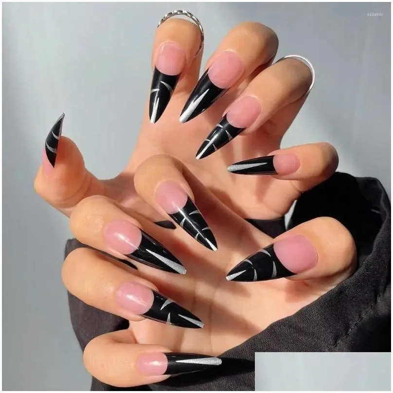 false nails 24 pcs/box long stiletto nail tips gradient black wear full cover manicure patchs press on art girls fingernails