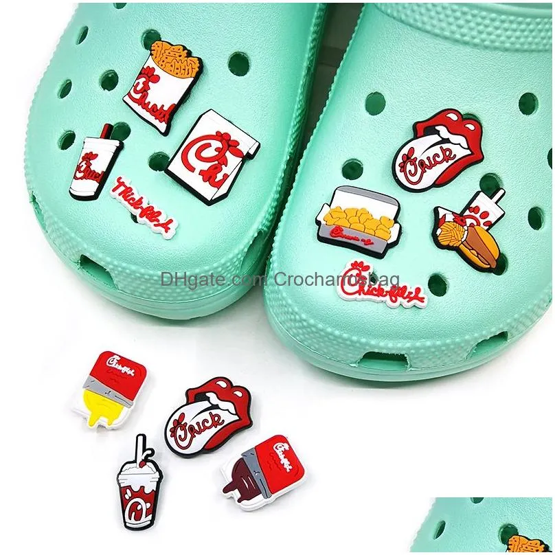 Shoe Parts & Accessories Moq 100Pcs Fried Chicken Hamburger Cola Clog Jibz 2D Soft Rubber Shoe Decorations Accessories Clog Buckles Ch Dhkhv