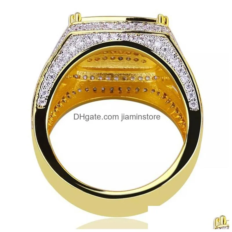 Cluster Rings 18K Gold Square Diamond Ring Champion Motorbike Hip Hop Rings For Men Fashion Jewelry Will And Drop Delivery Jewelry Ri Dhisv