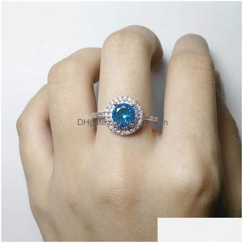 Cluster Rings High Quality Blue Zircon Copper Wedding Ring For Women Clear Birthstone Round Platinum Elegant Jewelry Gift Drop Delive Dhhcx