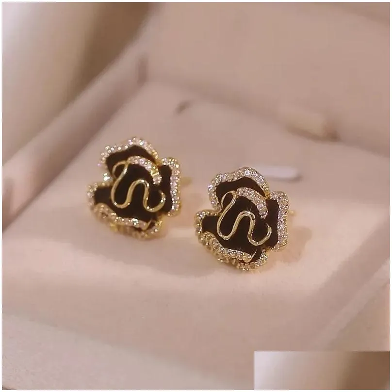 stud earrings fashion camellia rose oil drops small light luxury elegant black simple female jewelry