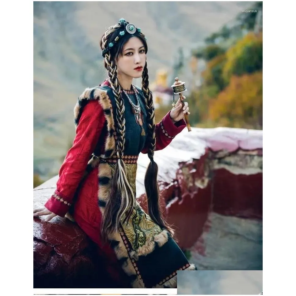 stage wear tibetan clothing bola ethnic style wine red dress v-neck 4 seasons cotton lady chinese zang person love