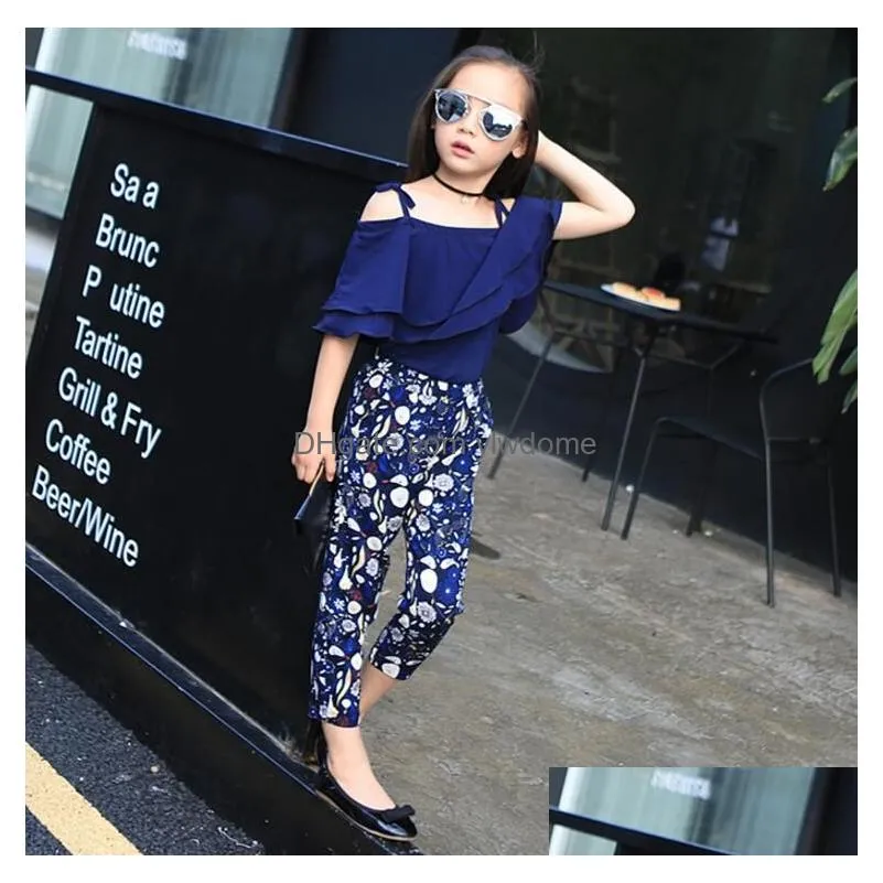 Clothing Sets Summer Girls Clothing Sets Baby Teenage Kids Ruffles Off Shoder Short Sleeve Shirtfloral Print Long Pant 2Pc Suit9119759 Dhrdg