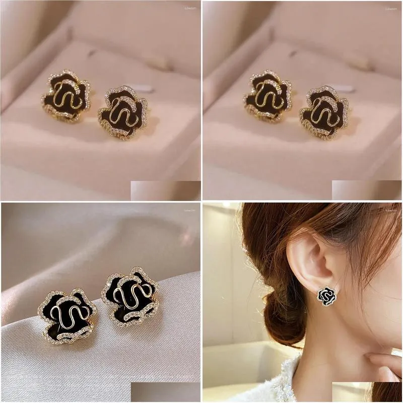 stud earrings fashion camellia rose oil drops small light luxury elegant black simple female jewelry