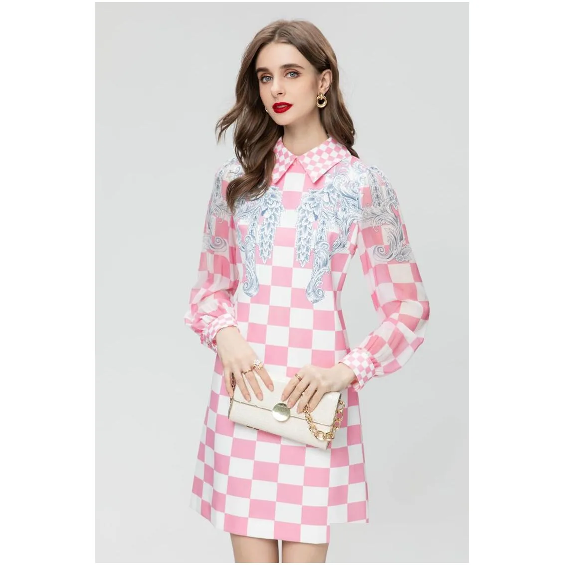 women`s runway dresses turn down collar long sleeves printed plaid fashion high street designer vestidos