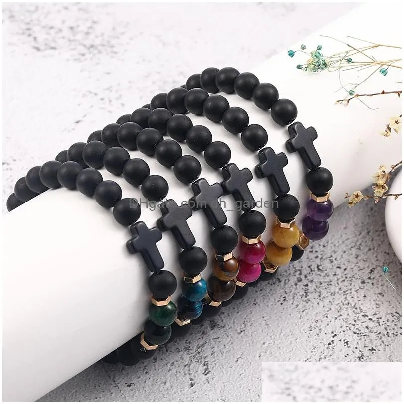 Beaded Fashion Design Natural Black Matte Stone Agate Beads Bracelet For Men Cross Charm Handmade Elastic Rope Adjustable Drop Delive Dhl2Z